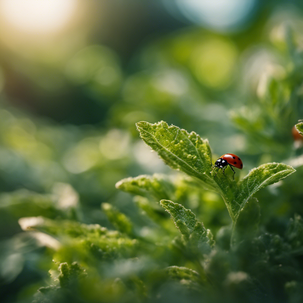 An image featuring a lush herb garden with ladybugs delicately perched on leaves, lacewings hovering above, and praying mantises camouflaged among the plants