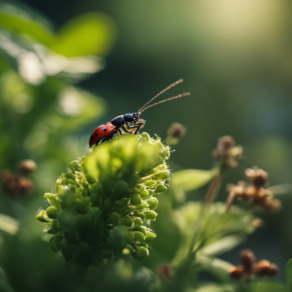 An image of a lush herb garden, with ladybugs perched on leaves, a praying mantis camouflaging among stems, and a friendly spider weaving its delicate web nearby