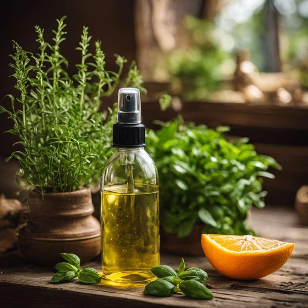 An image showcasing a cozy garden scene with a homemade pest repellent spray bottle on a rustic wooden table, surrounded by fresh herbs