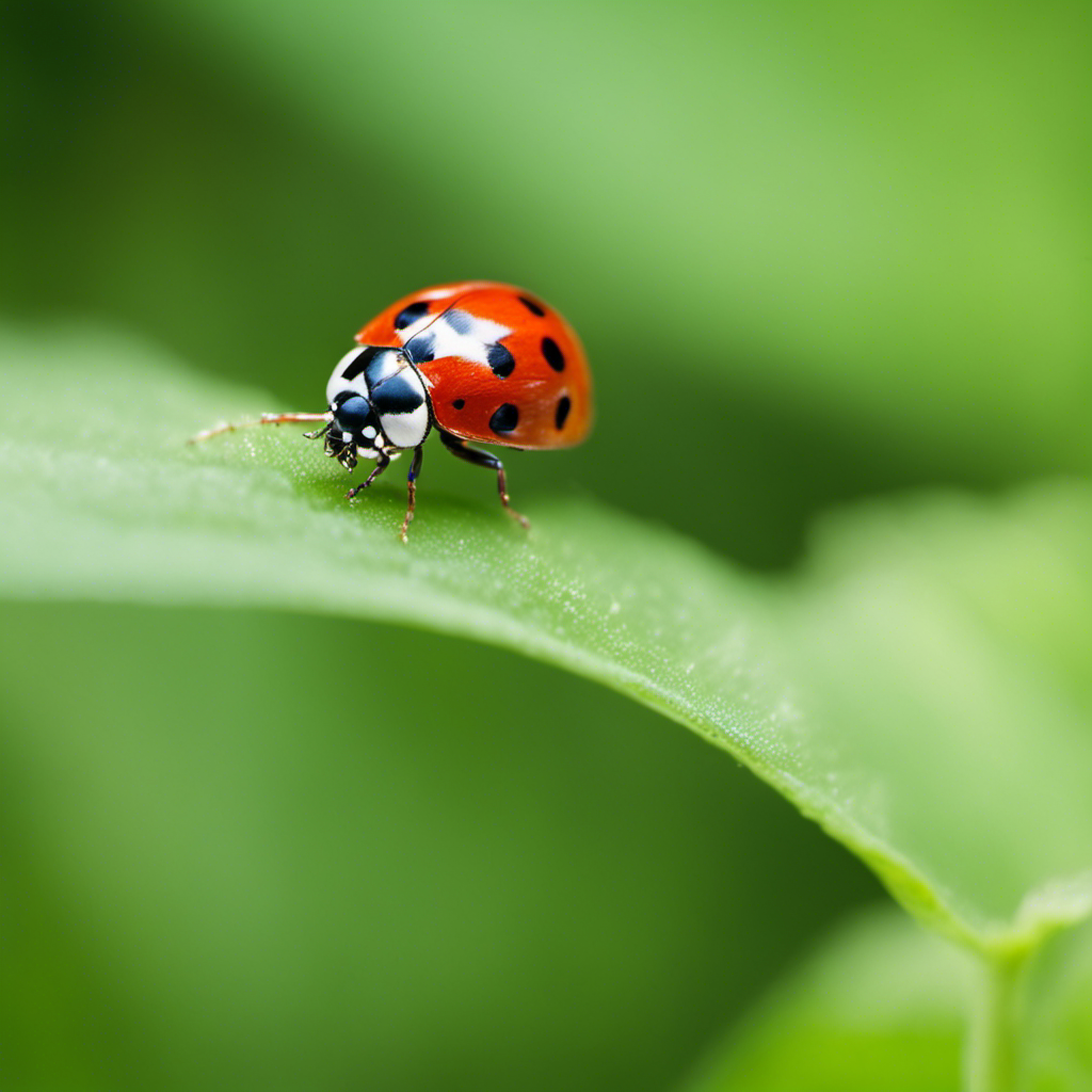 An image showcasing the delicate dance of nature's pest control system: a ladybug perched on a vibrant green leaf, while a lacewing delicately hovers above, both ready to combat garden pests