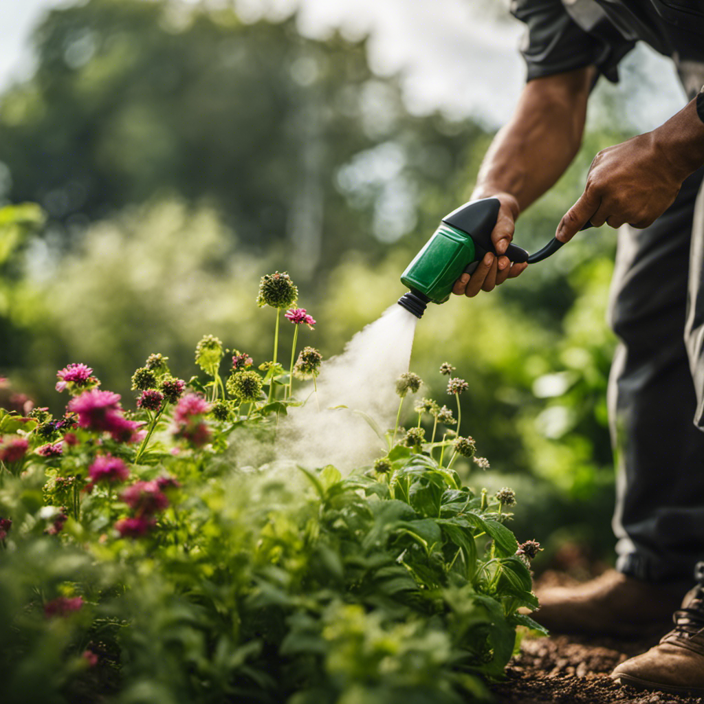 An image capturing the essence of homemade pest sprays: a gardener confidently spraying a mixture of aromatic herbs onto vibrant plants, surrounded by a cloud of beneficial insects, showcasing the power of organic techniques in pest control