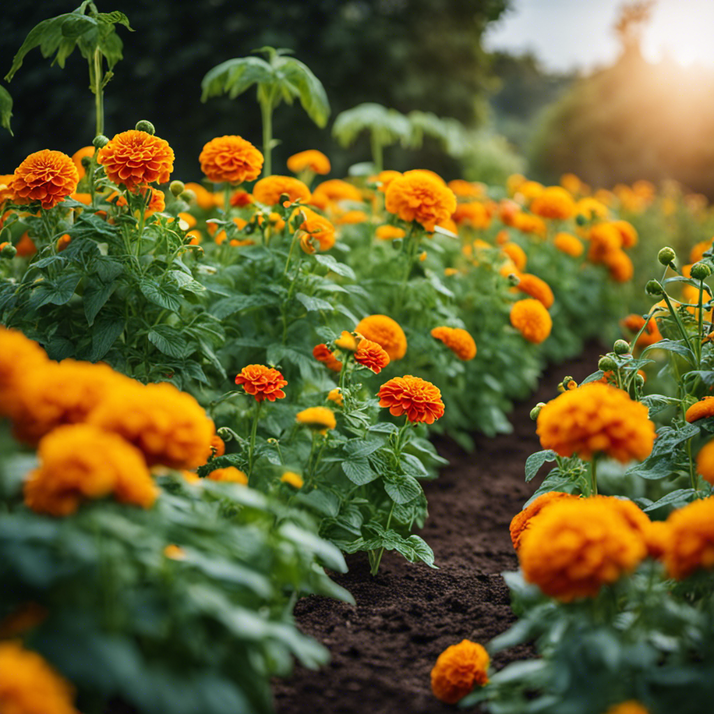 An image showcasing a vibrant, harmonious garden bed filled with marigolds repelling pests, tomatoes thriving alongside basil, and tall sunflowers acting as natural trellises for climbing beans and cucumbers