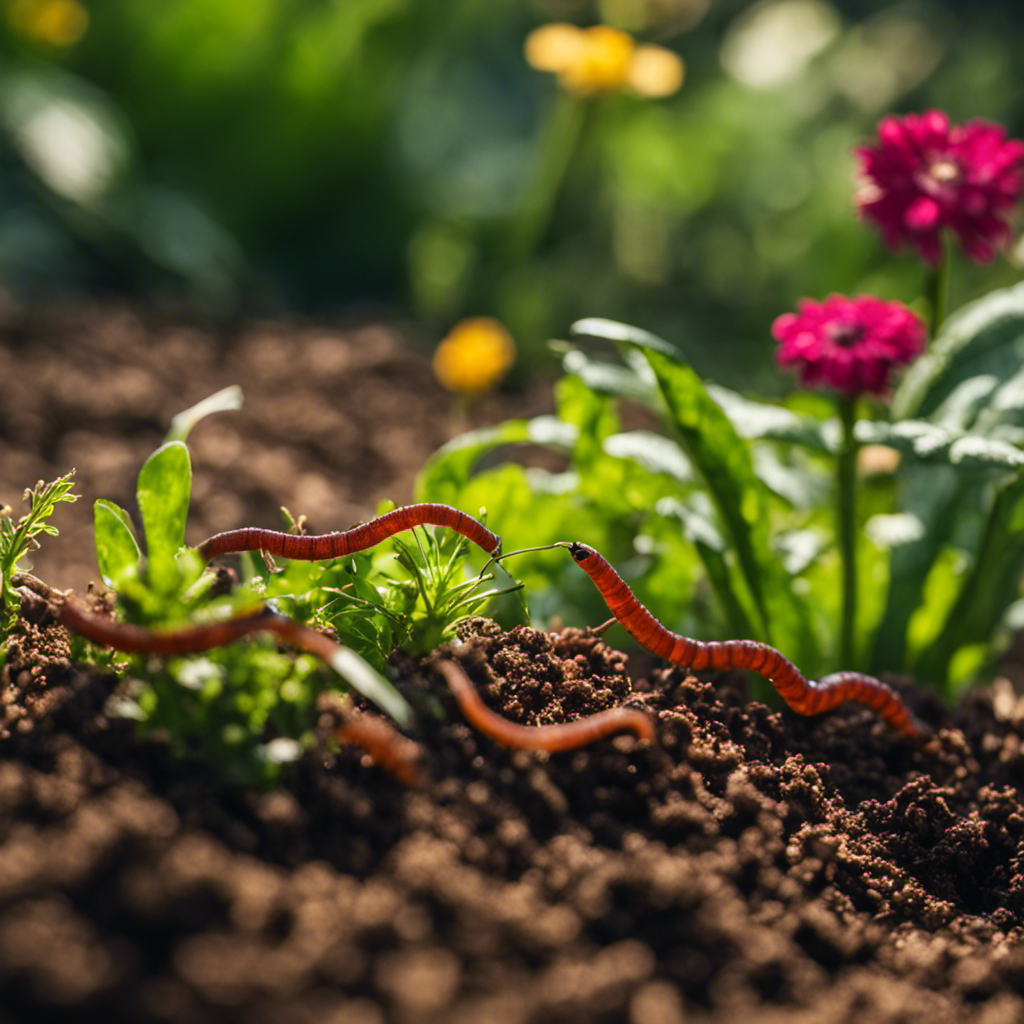 An image showcasing a lush, thriving garden with vibrant, nutrient-rich soil teaming with earthworms and beneficial microbes