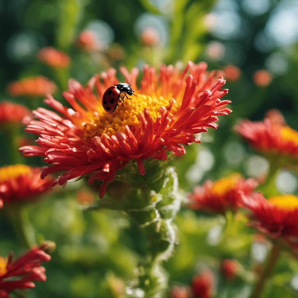 An image showcasing a lush garden scene where ladybugs, lacewings, and praying mantises thrive amidst vibrant flowers, devouring harmful pests like aphids and caterpillars, exemplifying the power of biological controls