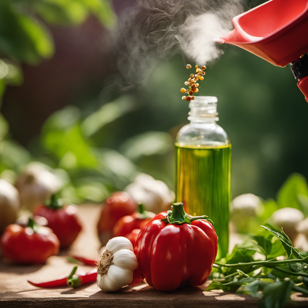 An image that showcases the process of blending fresh ingredients like garlic, chili peppers, and neem oil in a homemade sprayer, capturing the essence of eco-friendly pest management in gardens through organic pest sprays