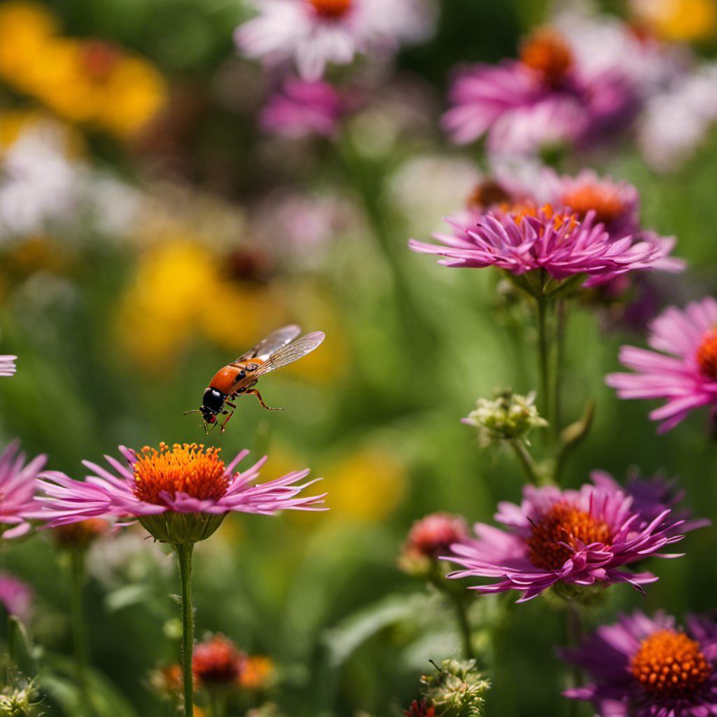 An image showcasing a lush garden with vibrant flowers and an array of beneficial insects such as ladybugs, lacewings, and hoverflies actively preying on garden pests, symbolizing the effectiveness of eco-friendly pest management