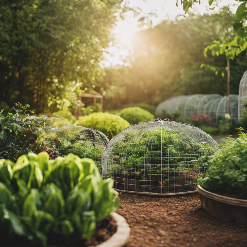 An image showcasing an eco-friendly garden with a variety of physical barriers and traps for pests