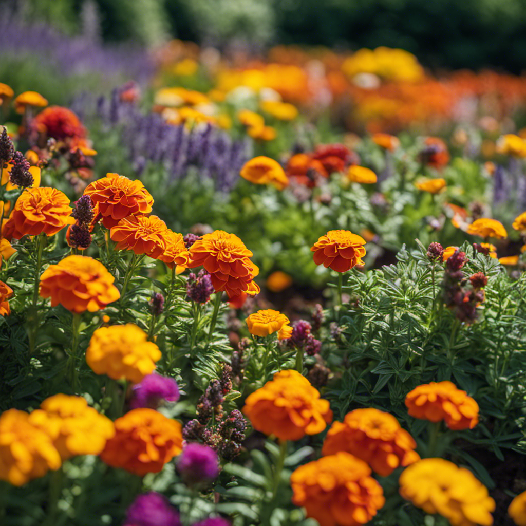 An image showcasing a diverse garden bed with intermingling plants: marigolds repelling aphids, basil deterring flies, and lavender attracting beneficial insects