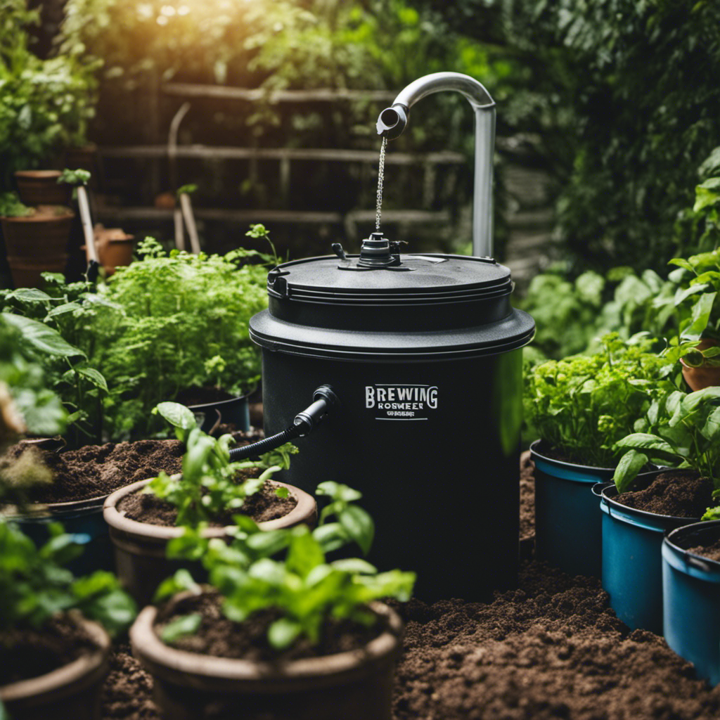 An image showcasing the process of brewing compost tea: a large, cylindrical compost tea brewer filled with organic matter, connected to a pump, surrounded by a lush garden, with nutrient-rich liquid flowing into watering cans and onto thriving plants