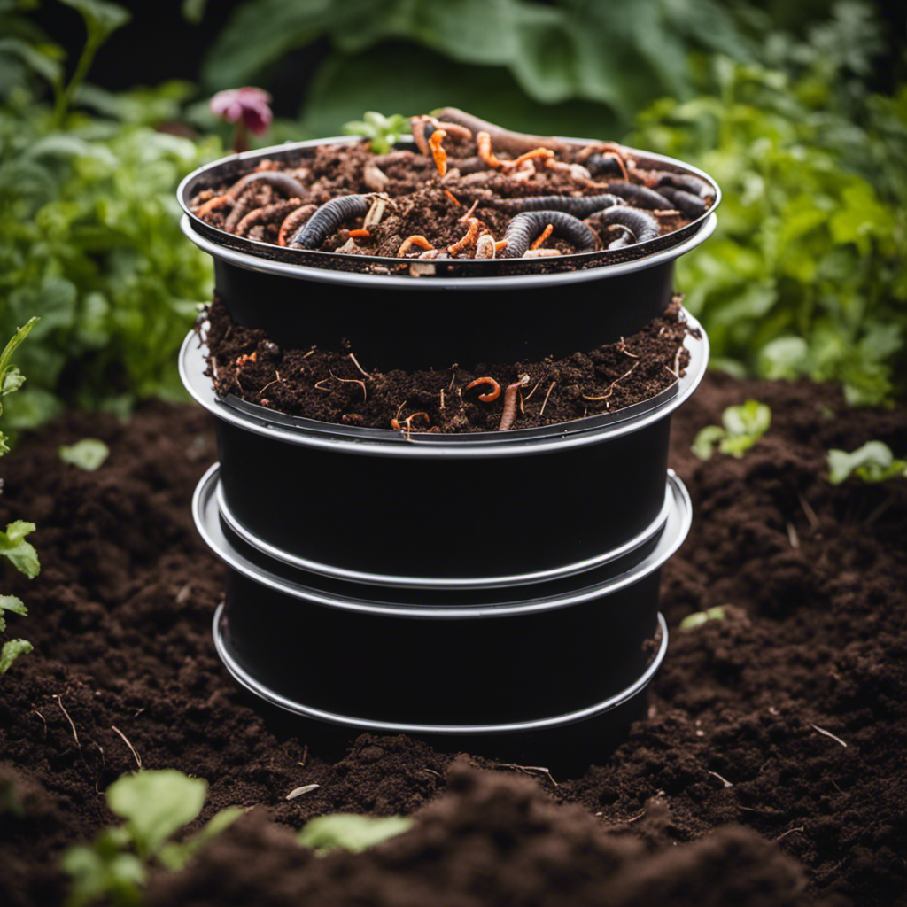 An image depicting a thriving vermicomposting setup: a stackable worm bin with a mesh bottom, filled with layers of shredded newspaper, kitchen scraps, and red wriggler worms