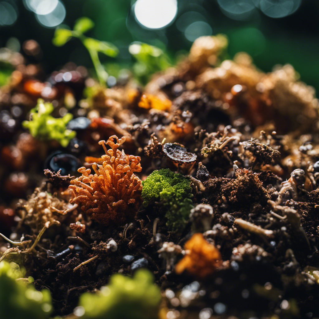 An image showcasing a diverse array of microorganisms actively breaking down organic matter in a compost pile, highlighting the accelerated decomposition process achieved through the use of microbial inoculants