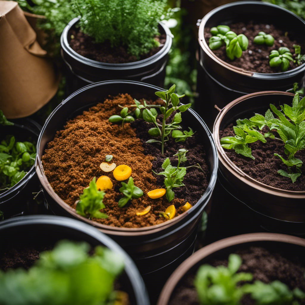 An image showcasing the Bokashi composting system: airtight containers filled with food waste and Bokashi bran, a layer of soil, and vibrant plants growing on top, illustrating the rapid decomposition and organic harvests