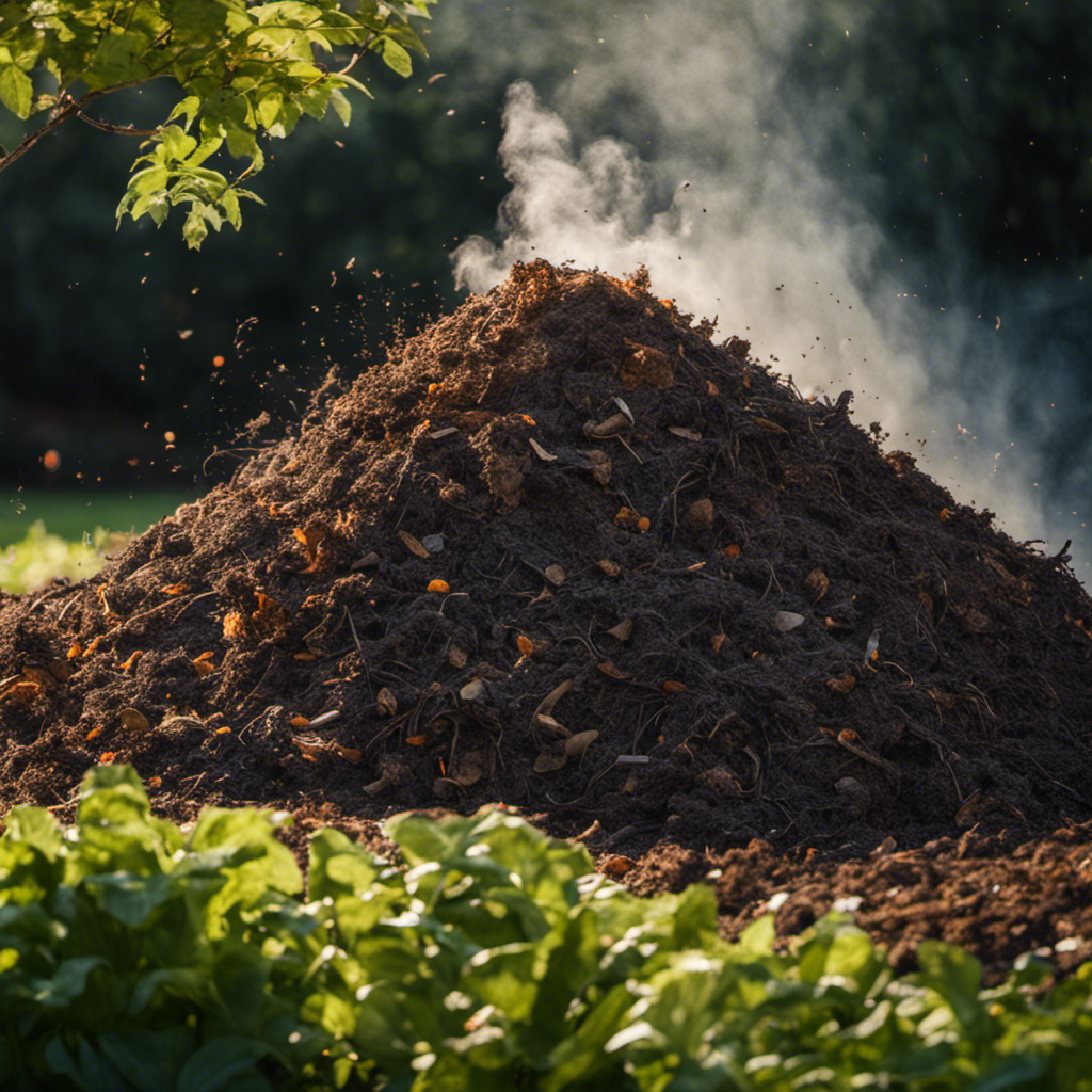 An image depicting a steaming compost pile, approximately 5 feet high and 6 feet wide, filled with various organic materials such as kitchen scraps, grass clippings, and shredded newspaper