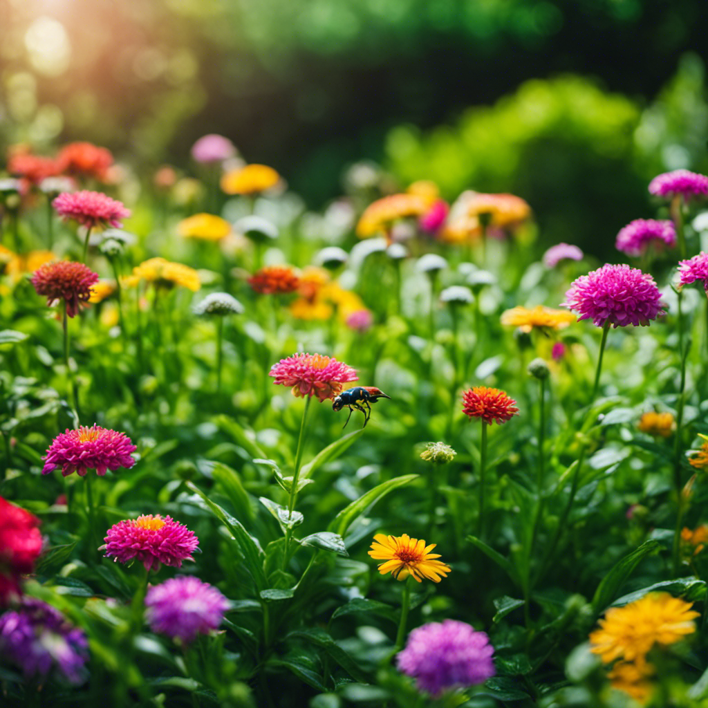 An image showcasing a lush green garden surrounded by vibrant flowers and plants, while a natural repellent product from Green Pest Solutions forms a protective barrier, warding off pests without harming the environment