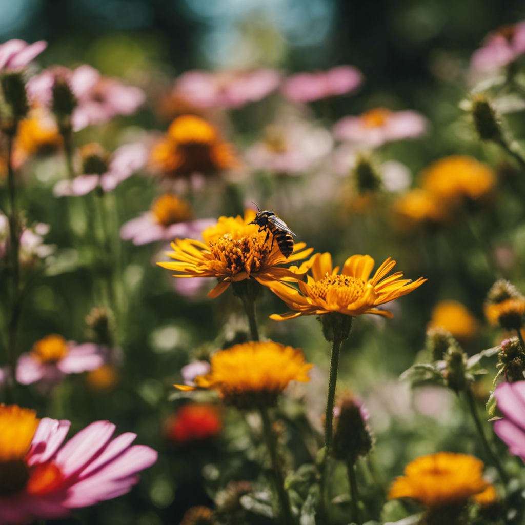 An image showcasing a lush garden teeming with colorful flowers, buzzing bees, and graceful ladybugs, all working harmoniously together