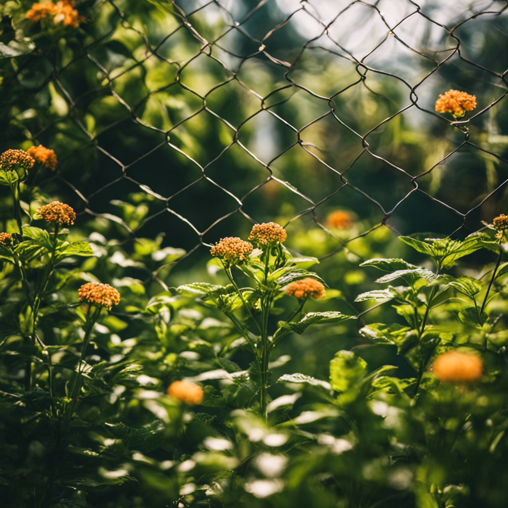 An image depicting a lush, vibrant garden shielded by physical barriers like mesh nets, fences, and copper tape