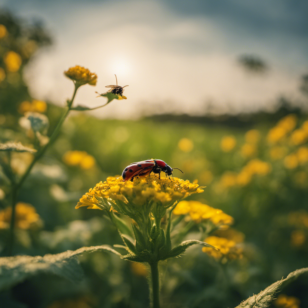 An image showcasing a lush, thriving farm landscape with a diverse array of beneficial insects and animals, like ladybugs, birds, and bats, actively controlling pests, highlighting the harmony of natural predator-prey relationships