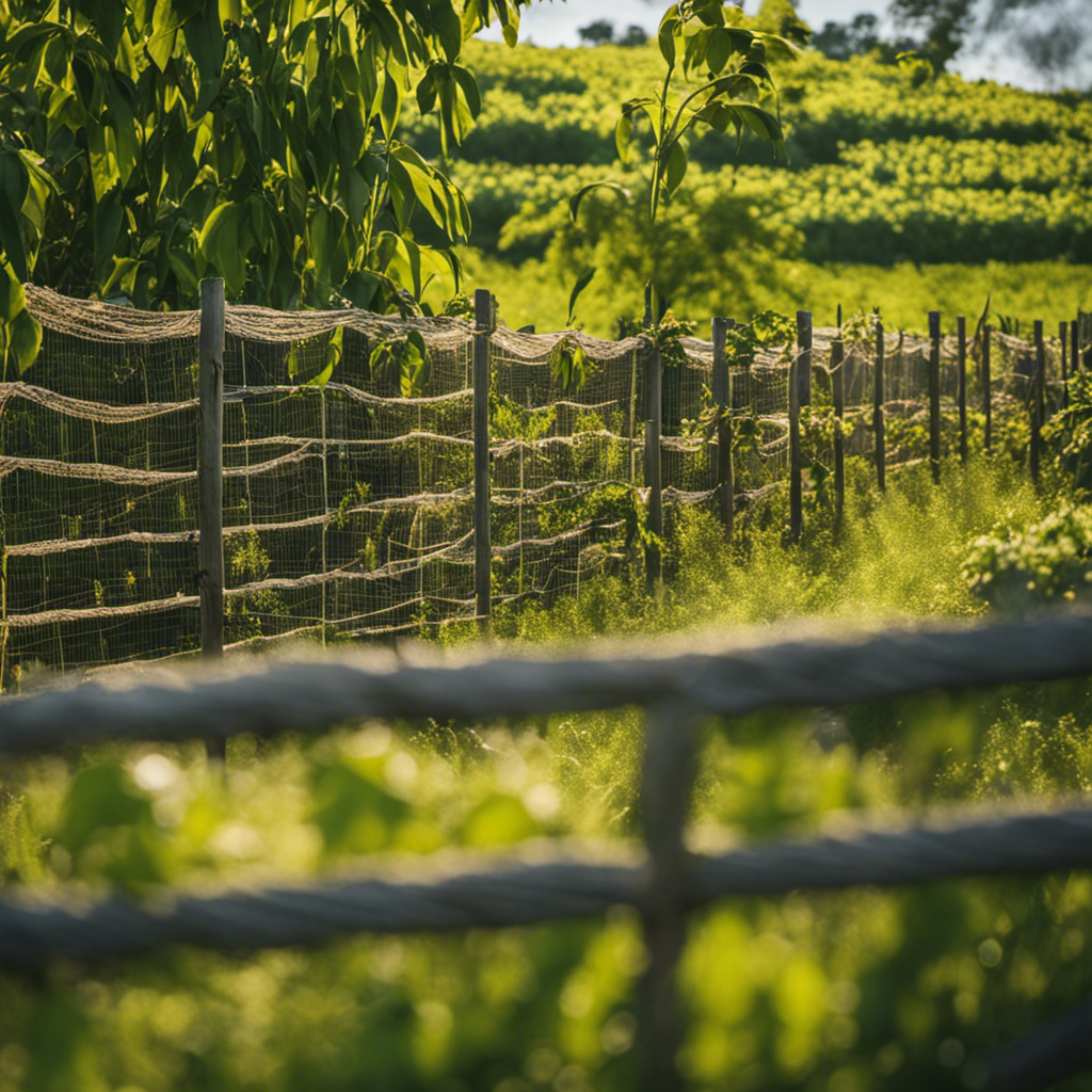 An image showcasing a lush, thriving farm bordered by a vibrant tapestry of intricately woven nets and fences