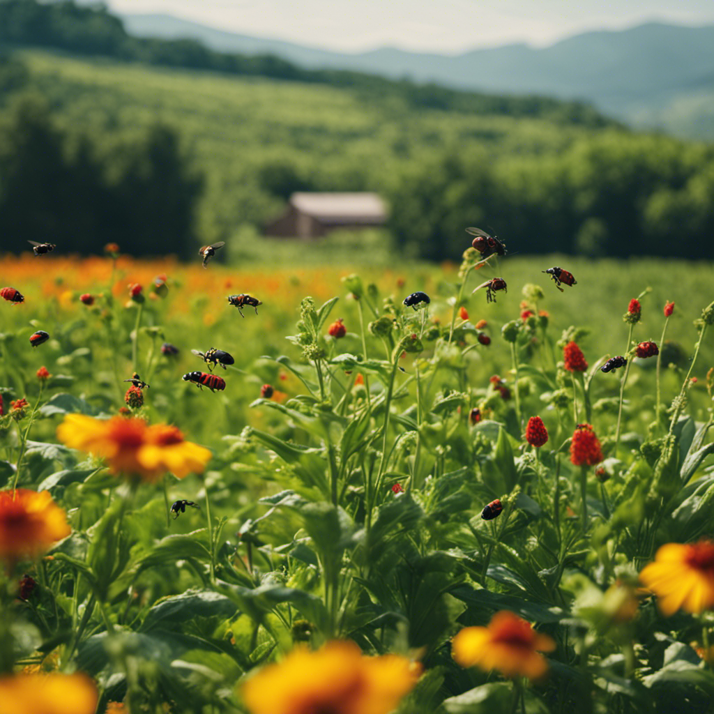 An image that showcases a lush, thriving organic farm surrounded by vibrant flowers and healthy crops