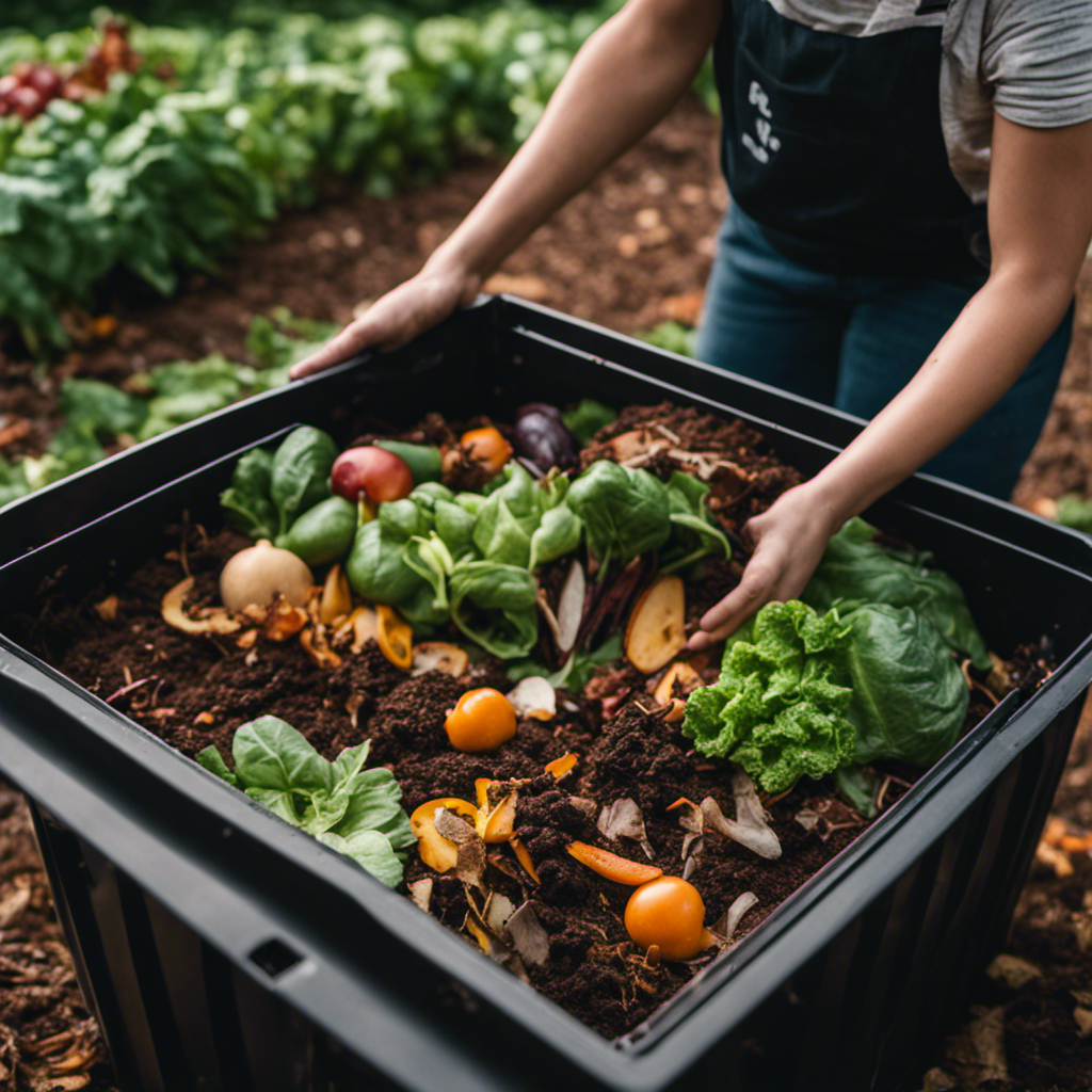 An image showcasing a diverse array of vegetable scraps, leaves, and twigs layered in a compost bin, demonstrating proper composting techniques