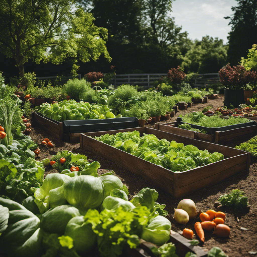 An image showcasing a lush vegetable garden surrounded by a step-by-step composting system