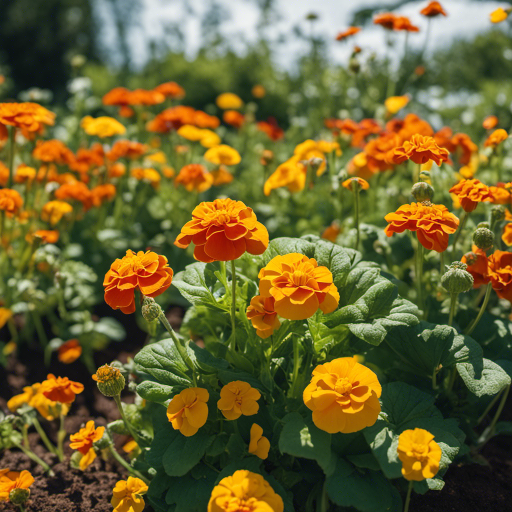 An image capturing a diverse garden bed with marigolds repelling aphids, basil deterring mosquitoes, and nasturtiums warding off beetles