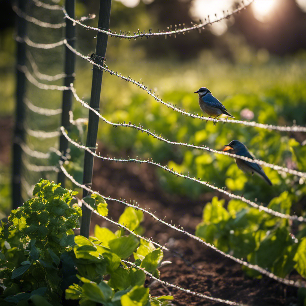 An image showcasing a sturdy, waist-high wire fence encircling a thriving edible garden