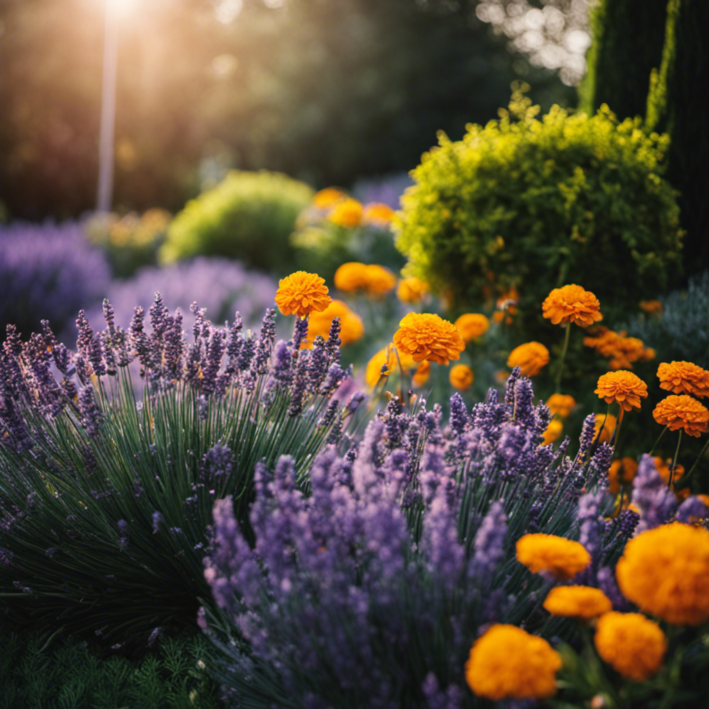 An image showcasing a lush garden surrounded by aromatic plants like lavender, rosemary, and marigold, repelling pests with their vibrant colors and fragrant leaves