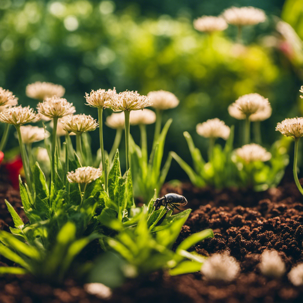 An image depicting a garden filled with vibrant, healthy plants surrounded by natural homemade pest control solutions such as garlic spray, neem oil, and organic traps