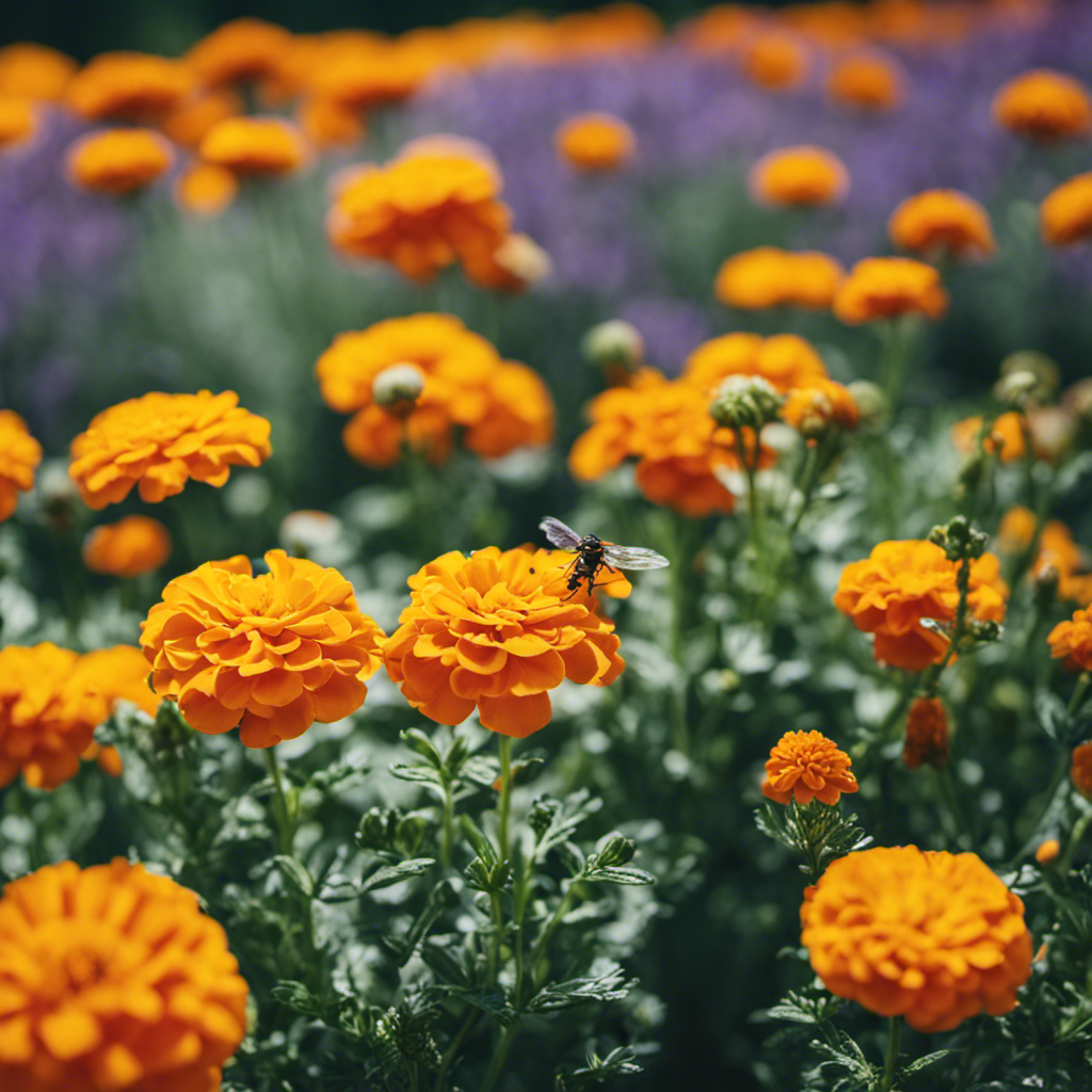 An image showcasing a vibrant garden filled with a variety of insect-repelling companion plants, such as marigolds, lavender, and basil, strategically placed alongside vegetables to deter pests naturally