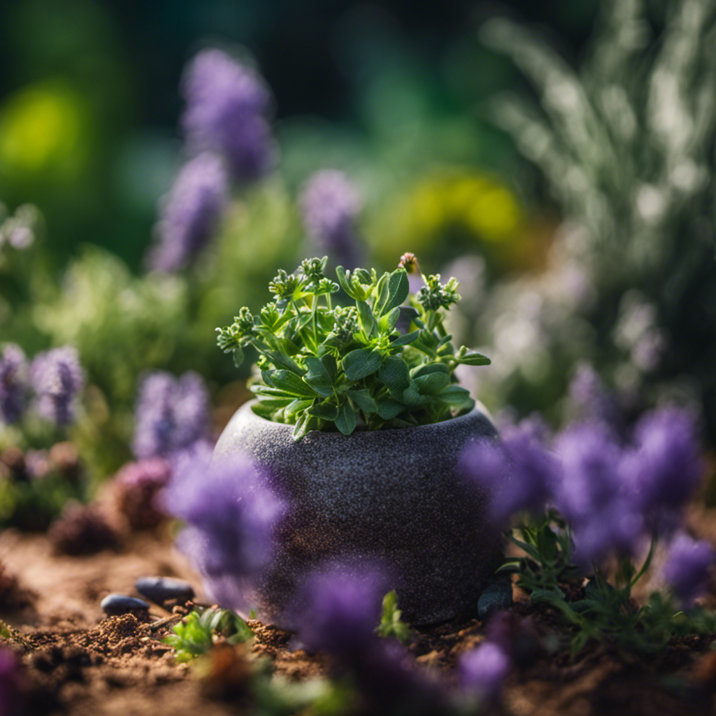 An image showcasing a vibrant edible garden, surrounded by aromatic and colorful essential oils