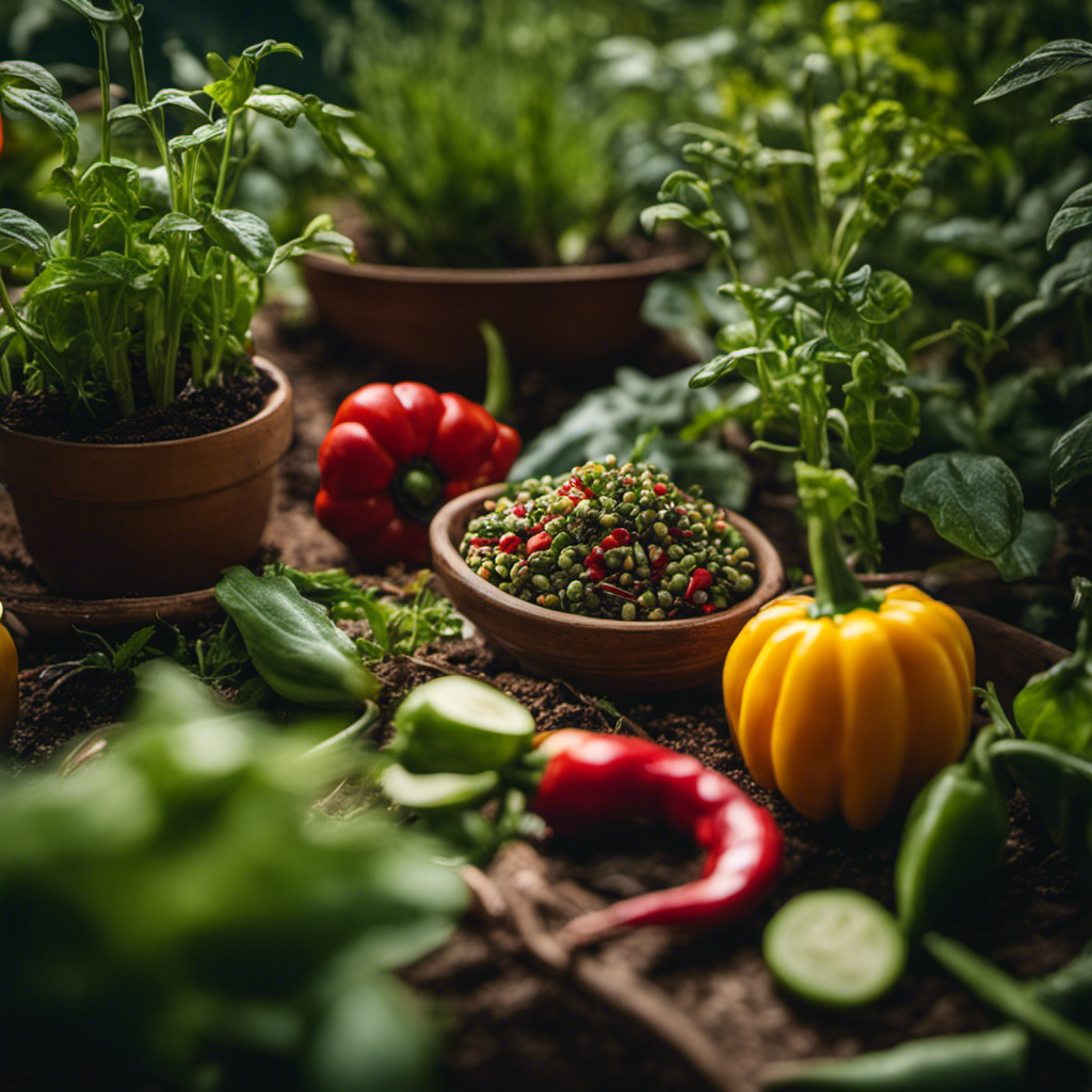 An image featuring a lush, thriving edible garden surrounded by various homemade pest repellent recipes