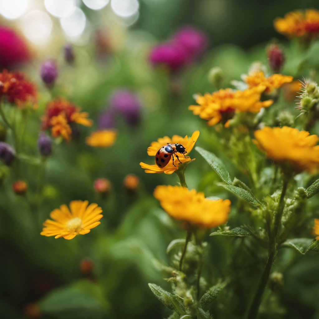 An image showcasing a lush garden thriving with vibrant flowers and healthy plants, while nearby, a group of ladybugs and praying mantises diligently protect the greenery, embodying the natural benefits of organic pest control