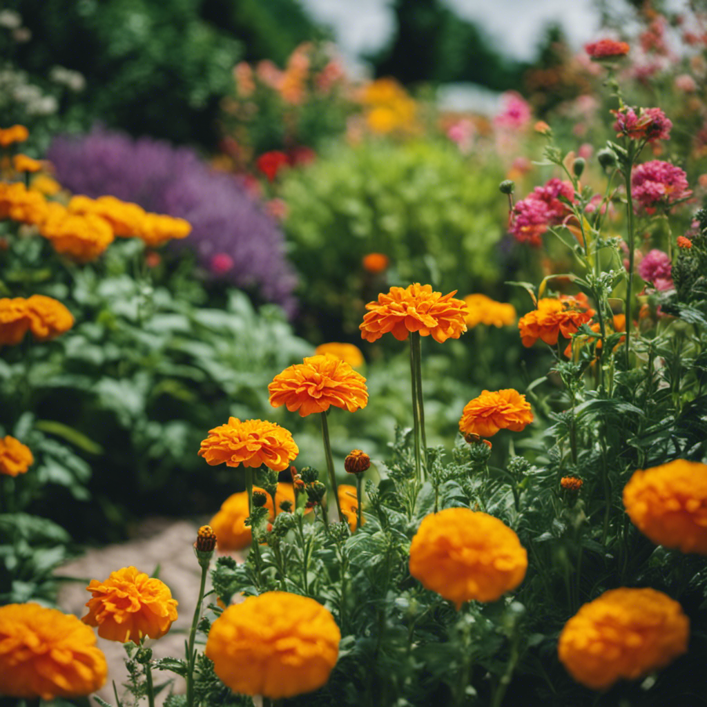 An image depicting a lush garden with vibrant flowers and vegetables, carefully interspersed with natural pest deterrents like marigolds, lavender, and mint