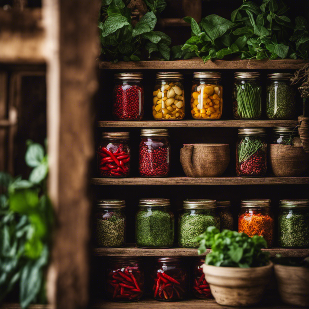 An image showcasing a rustic wooden shelf filled with mason jars, each containing vibrant and aromatic ingredients like peppermint leaves, garlic cloves, and chili peppers, ready to be used in DIY organic pest control recipes