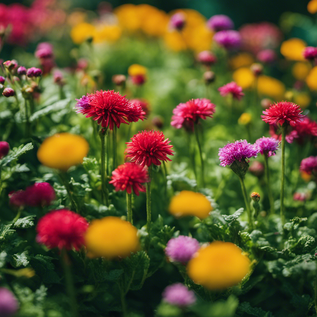 An image showcasing the close-up view of a lush, blooming garden, with vibrant flowers and healthy plants