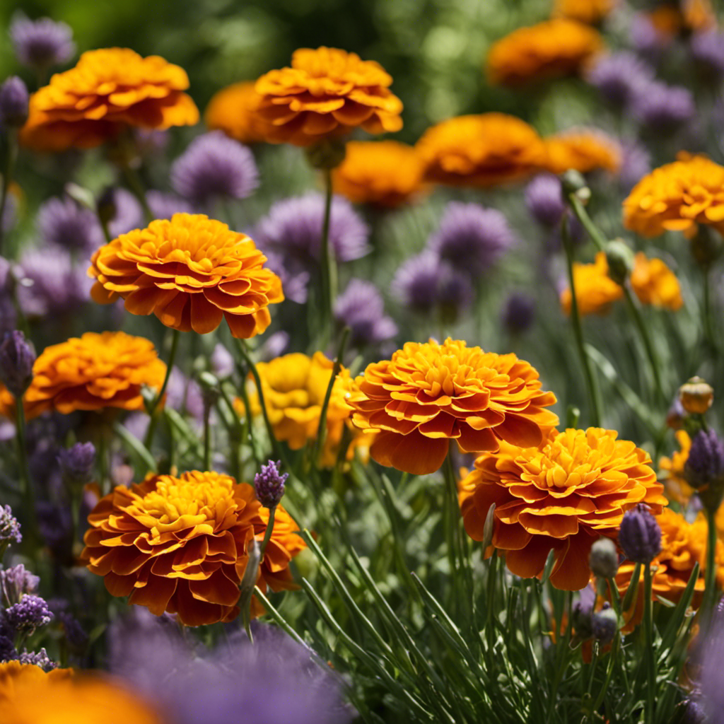 An image showcasing a vibrant garden bursting with a diverse array of plants such as marigolds, lavender, and chives intermingled with vegetables