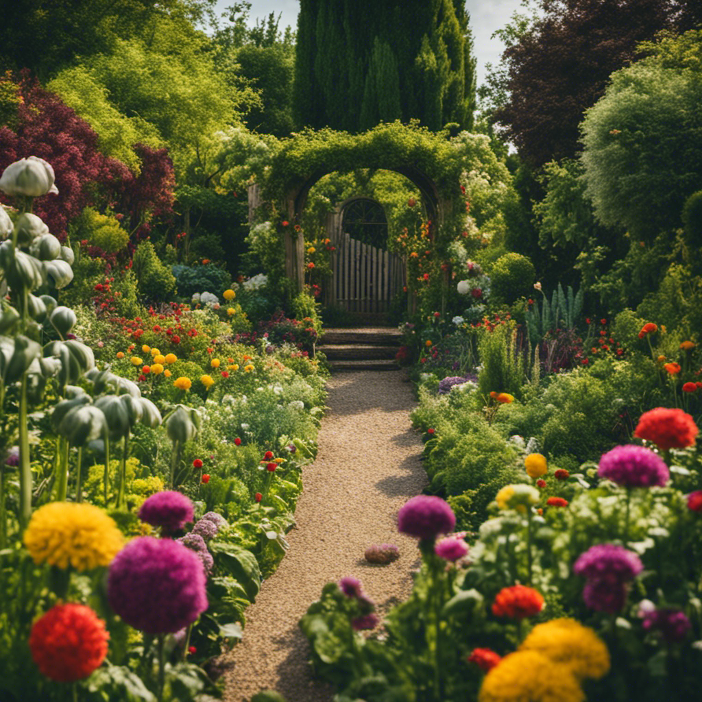 An image showcasing a lush, thriving garden with vibrant flowers and healthy vegetables, surrounded by various homemade organic pest control sprays made from ingredients like garlic, neem oil, and vinegar