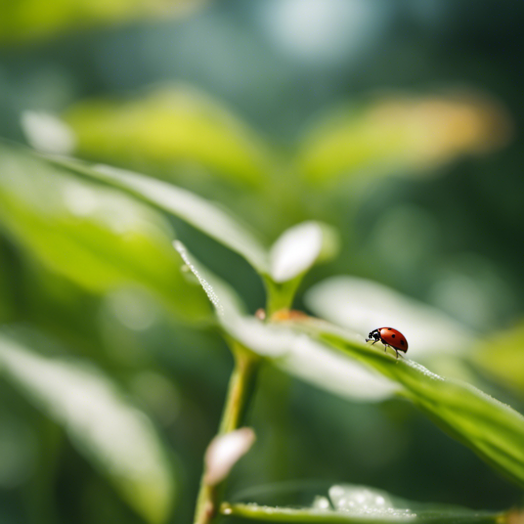 An image showcasing a lush garden scene with ladybugs delicately perched on leaves, lacewings hovering in the air, and praying mantises blending seamlessly among the plants, all working together to naturally eliminate garden pests