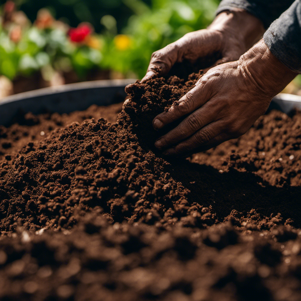 An image showcasing a close-up view of a gardener's hands gently mixing organic compost into the soil, highlighting the rich texture and vibrant colors of the natural soil amendments