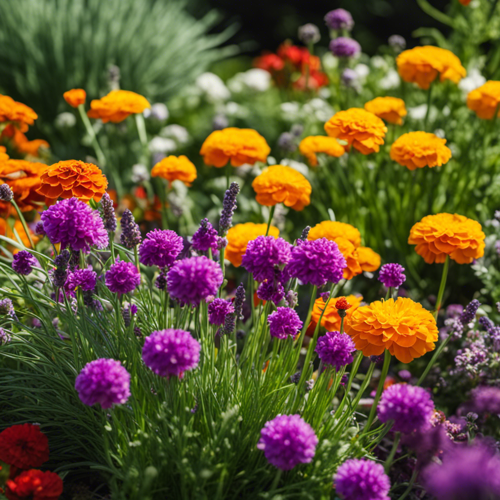 An image showcasing a vibrant garden bed with a diverse array of complementary plants, such as marigolds, lavender, and chives, intermixed with vegetables, demonstrating the powerful pest-repelling benefits of companion planting