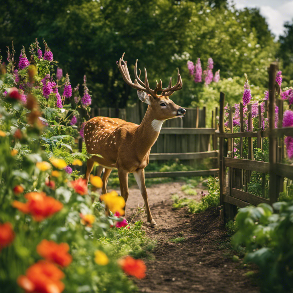 An image showcasing a lush garden surrounded by a sturdy, deer-proof fence