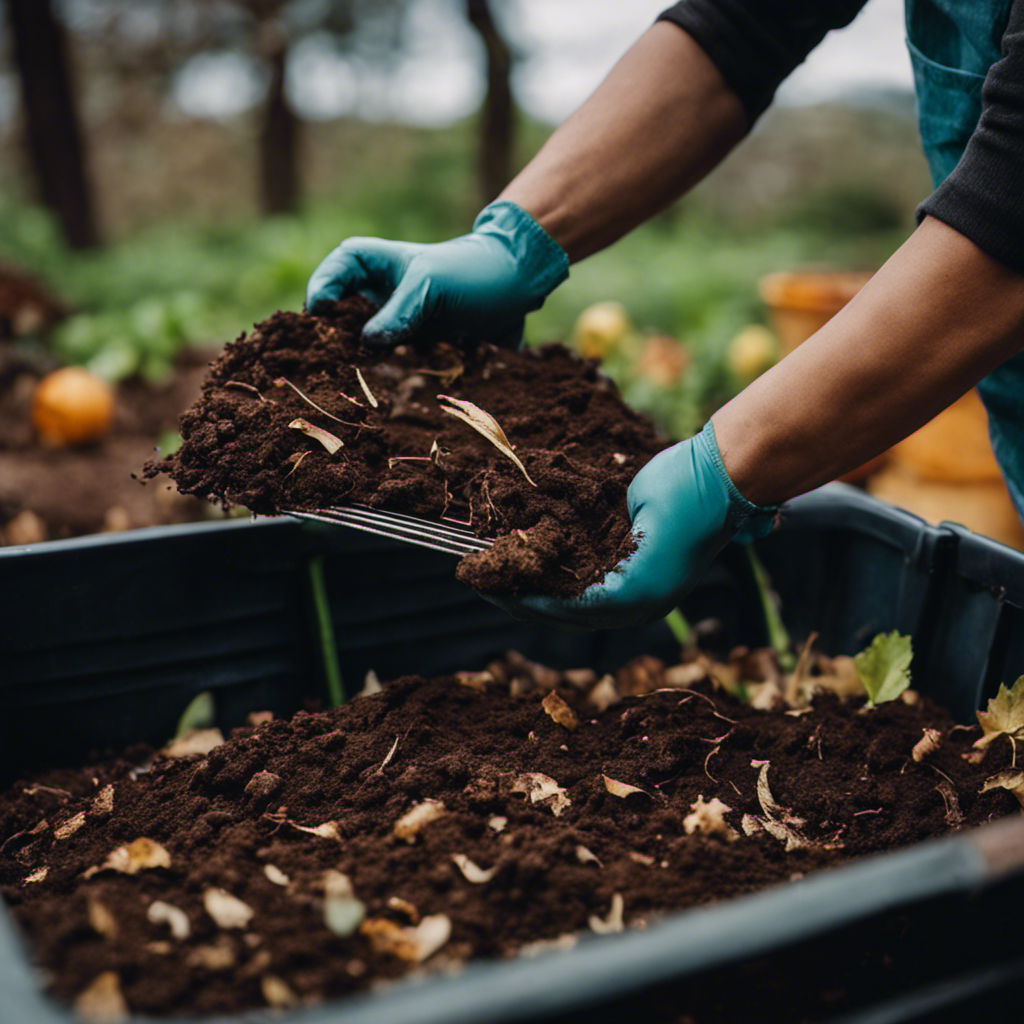 An image depicting a person wearing gloves and using a pitchfork to turn and mix compost in a bin