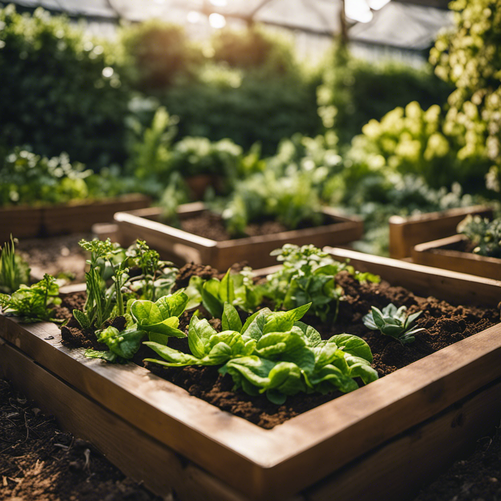 An image depicting a lush organic garden bed with alternating layers of green and brown materials, showcasing the step-by-step layering technique for effective decomposition in home composting