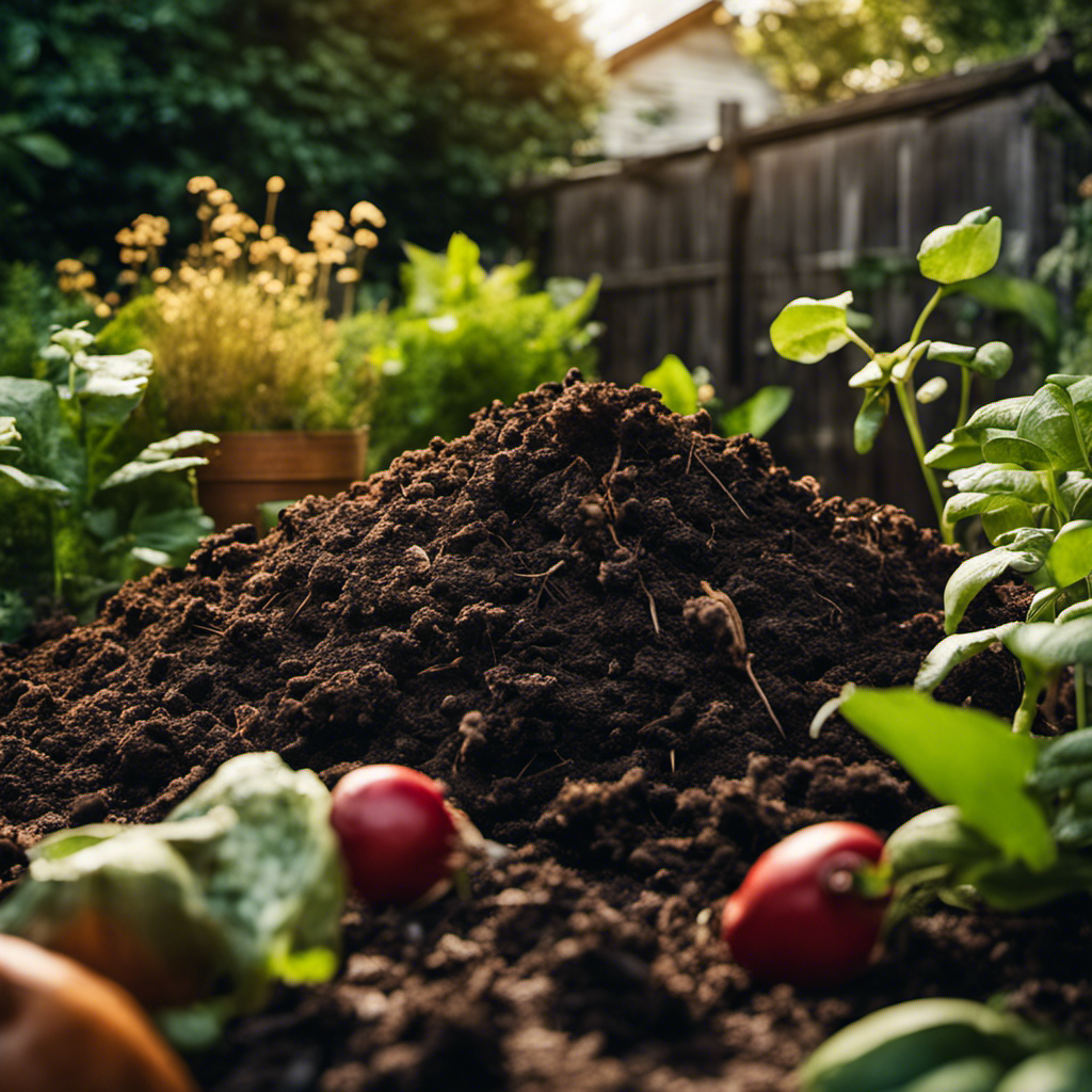 An image showcasing a compost pile in a backyard, surrounded by a lush organic garden