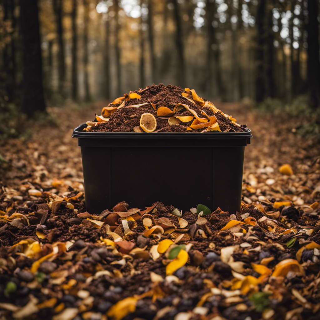 An image capturing a variety of organic materials, such as fruit peels, coffee grounds, and shredded leaves, arranged neatly in labeled bins