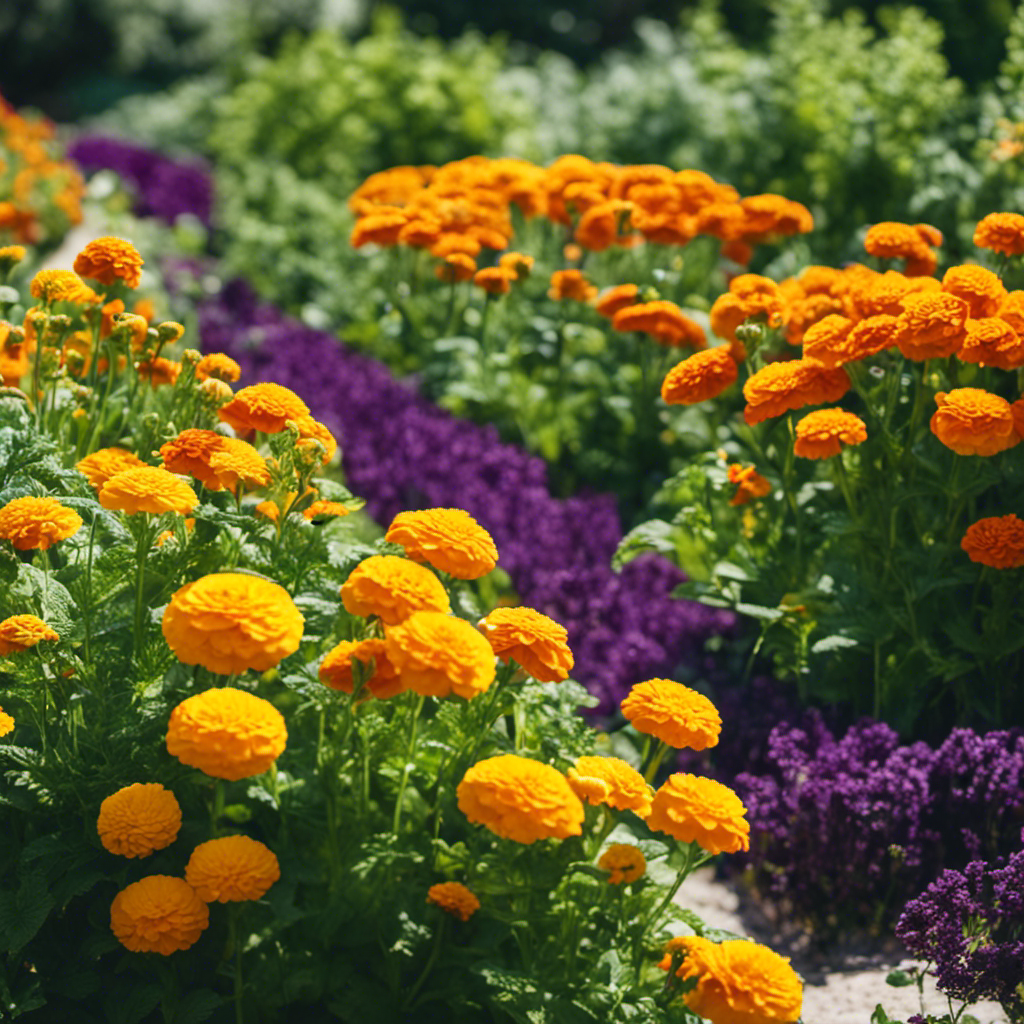 An image showcasing a lush vegetable garden, beautifully arranged with strategic companion plants like marigolds, mint, and lavender, surrounding thriving crops, repelling pests naturally for bountiful and chemical-free harvests