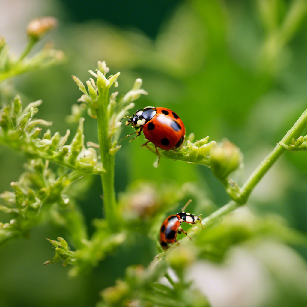 An image of a lush garden filled with ladybugs, lacewings, and predatory nematodes, delicately devouring pests like aphids and caterpillars amidst the vibrant greenery, showcasing the wonders of biological pest control