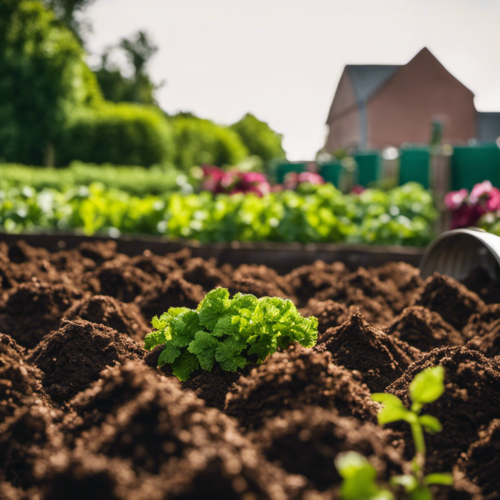 An image showcasing the process of windrow composting, depicting long rows of decomposing organic matter, with gardeners turning the piles, surrounded by vibrant greenery, illustrating the nine essential techniques for successful organic gardening