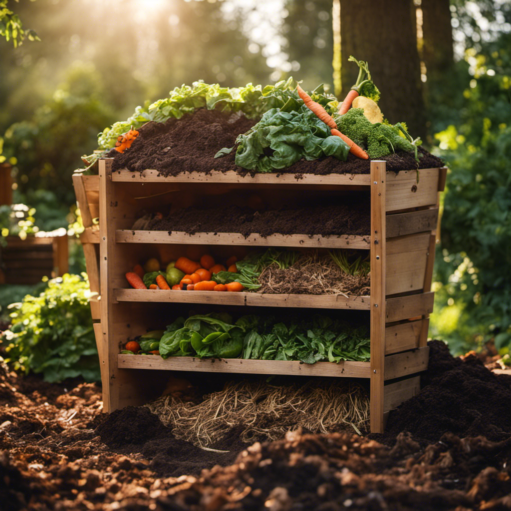 An image showcasing the process of traditional composting: a wooden compost bin filled with layers of organic waste, such as vegetable scraps, leaves, and grass clippings, topped with soil, emitting steam as it decomposes